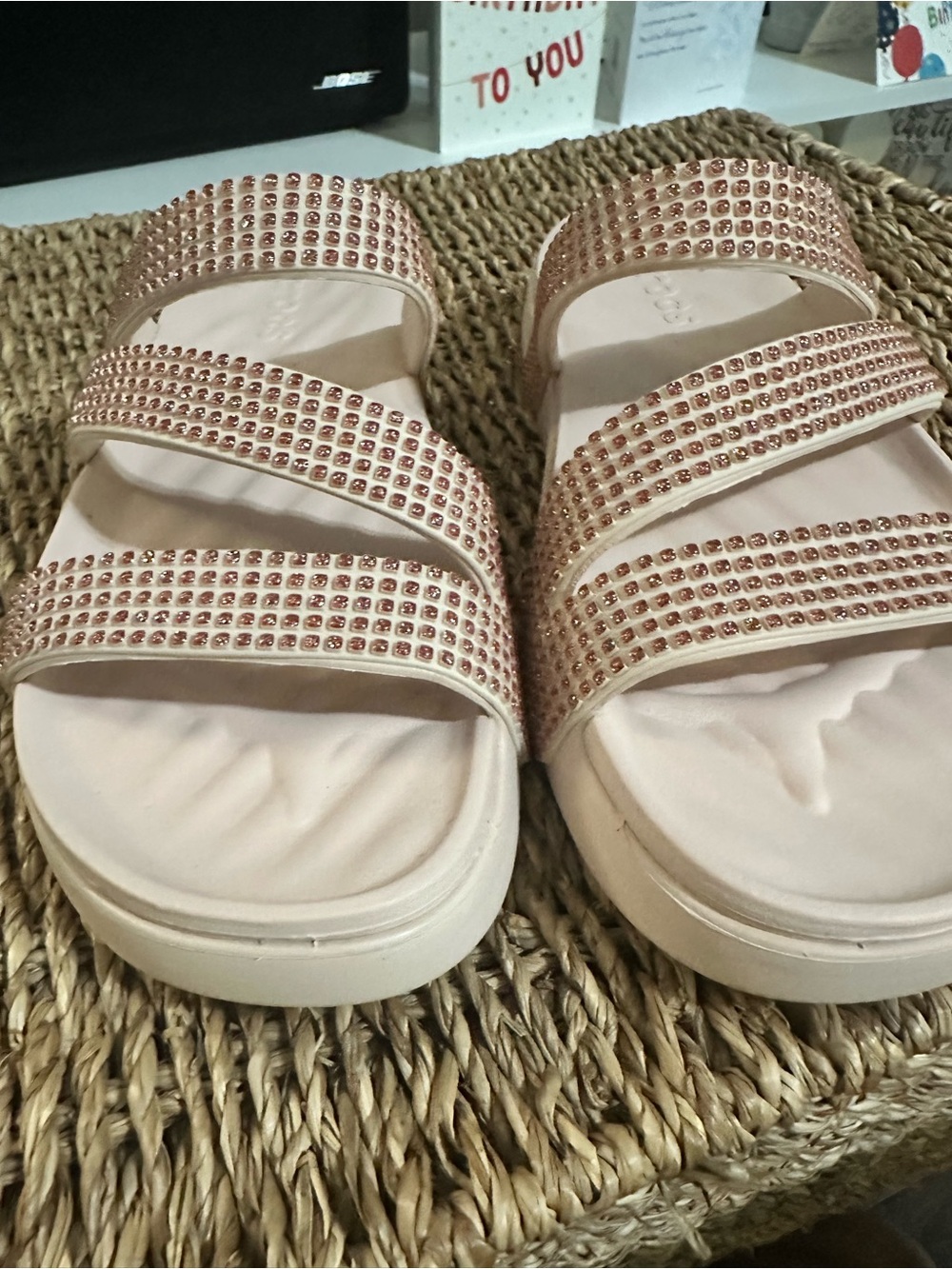 CROCS Women's Rose Gold Triple-Strap Crystal Slide Sandals NEVER BEEN WORN!
